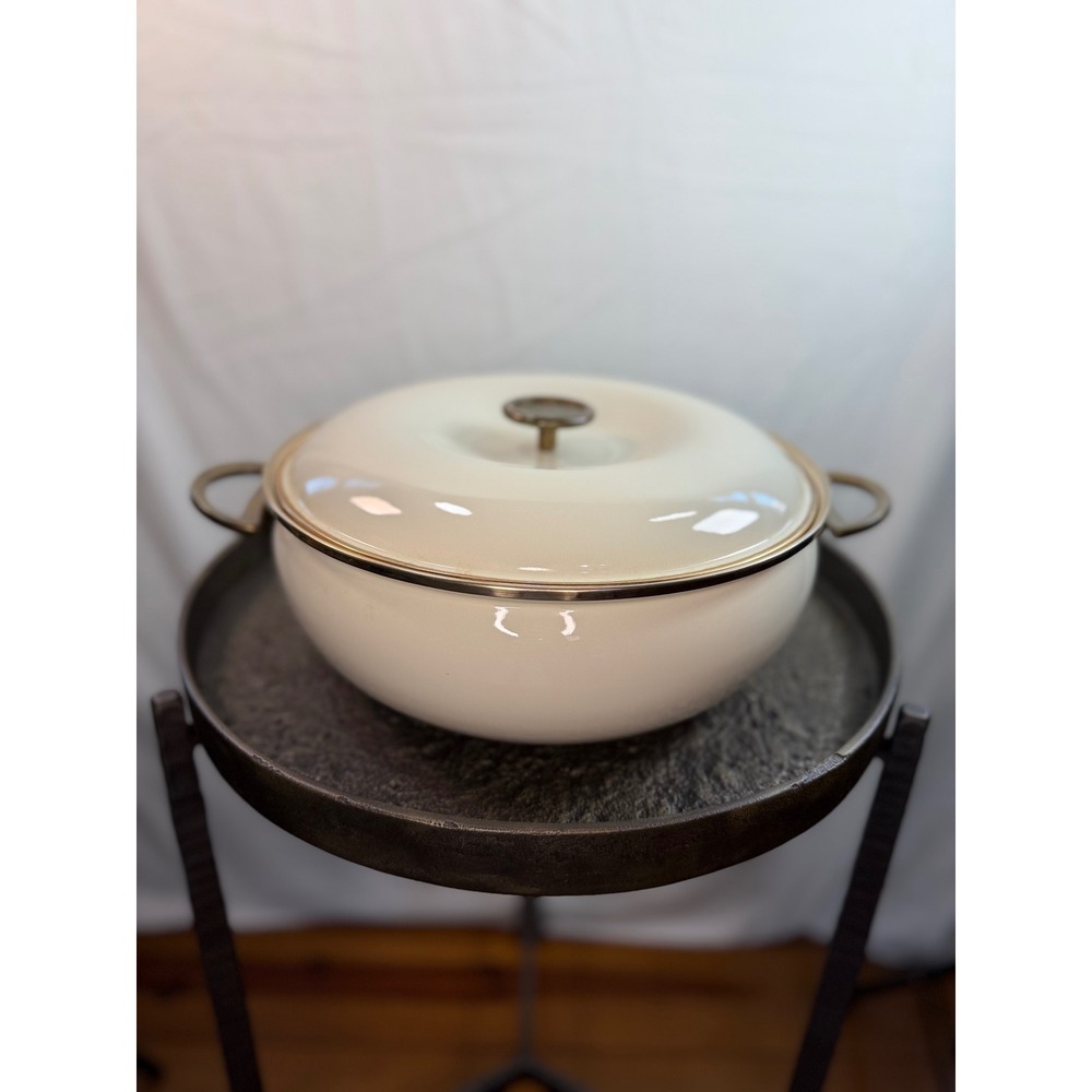Vintage Copco Sam Lebowitz No 703 Ivory Enamel 5qt Dutch Oven Brass Handle Spain